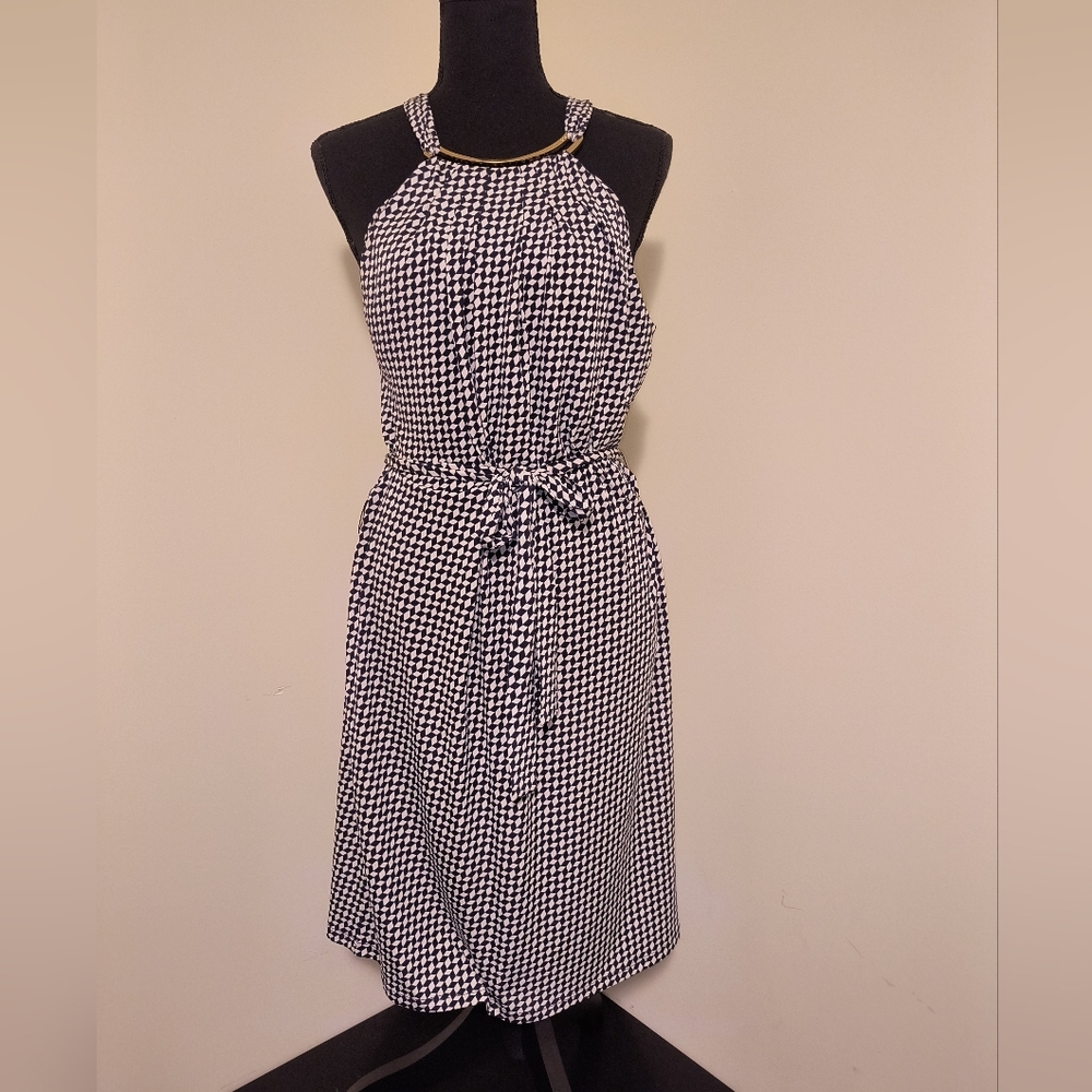 Michael Kors Dress Black White Gold Necklace Halter Gold Curved Logo Sz Large
